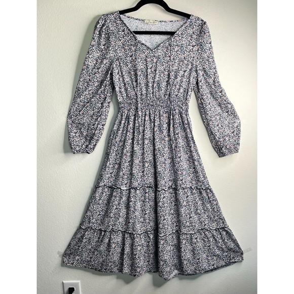 Indigo Rose Floral Midi Dress Long Sleeve Tie Front Layered Elastic Waist Sz S - Picture 9 of 16